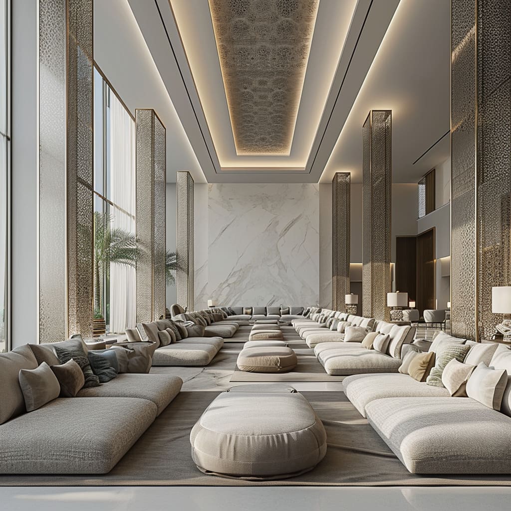 A grand, open-plan modern Arabic majlis with minimalist furniture and large windows allowing natural light to flood in