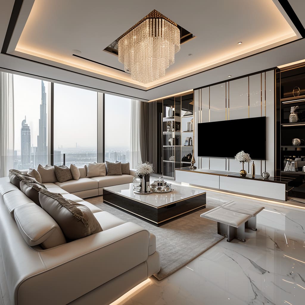 An ultra-modern penthouse living room with geometric shapes, vibrant colors, and state-of-the-art technology.