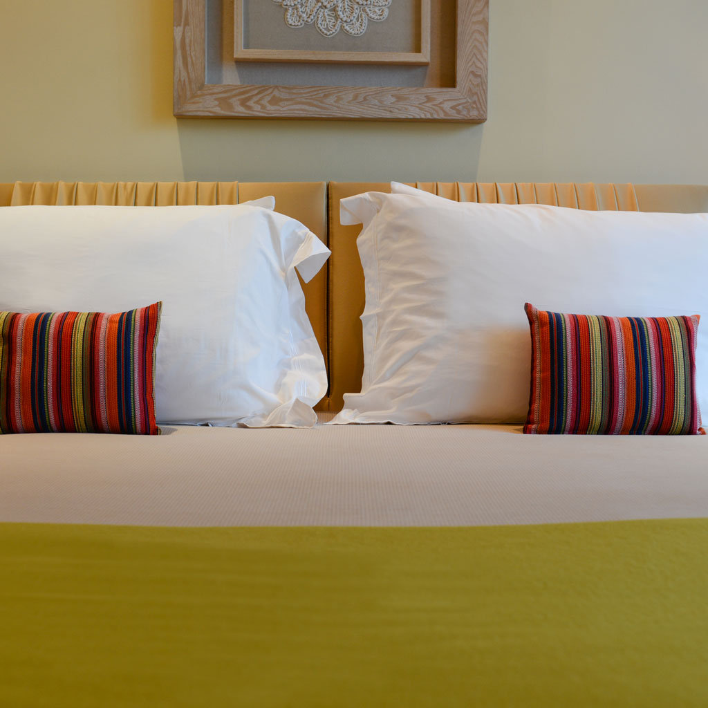 A colorful master bedroom