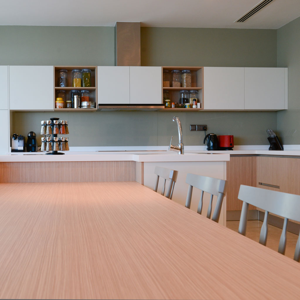 A kitchen open to dining area
