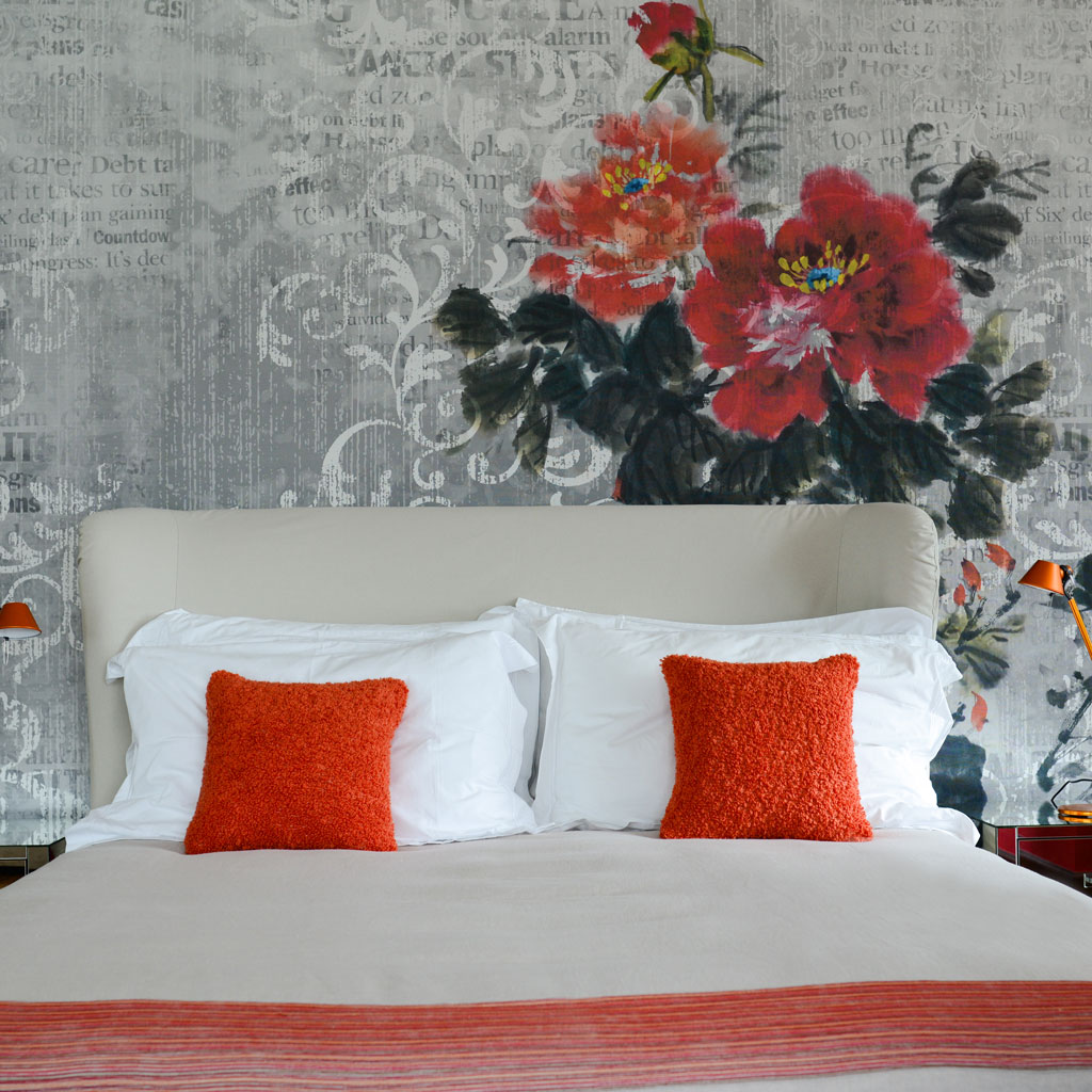 A master bedroom interior design with a featured wall with wallpapers