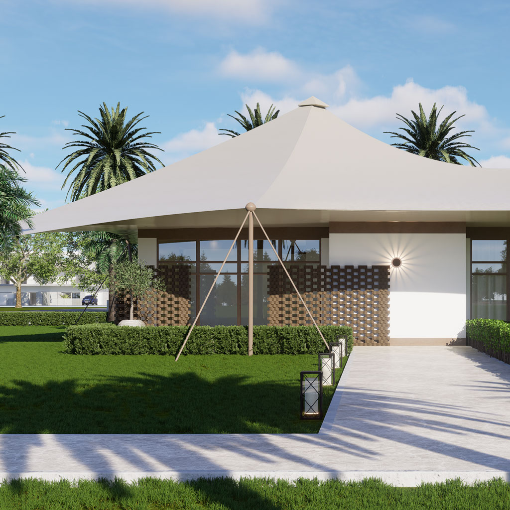 A vibrant and colorful Arabic tent majlis, adorned with bright cushions and flowing curtains, providing a lively and festive ambiance.