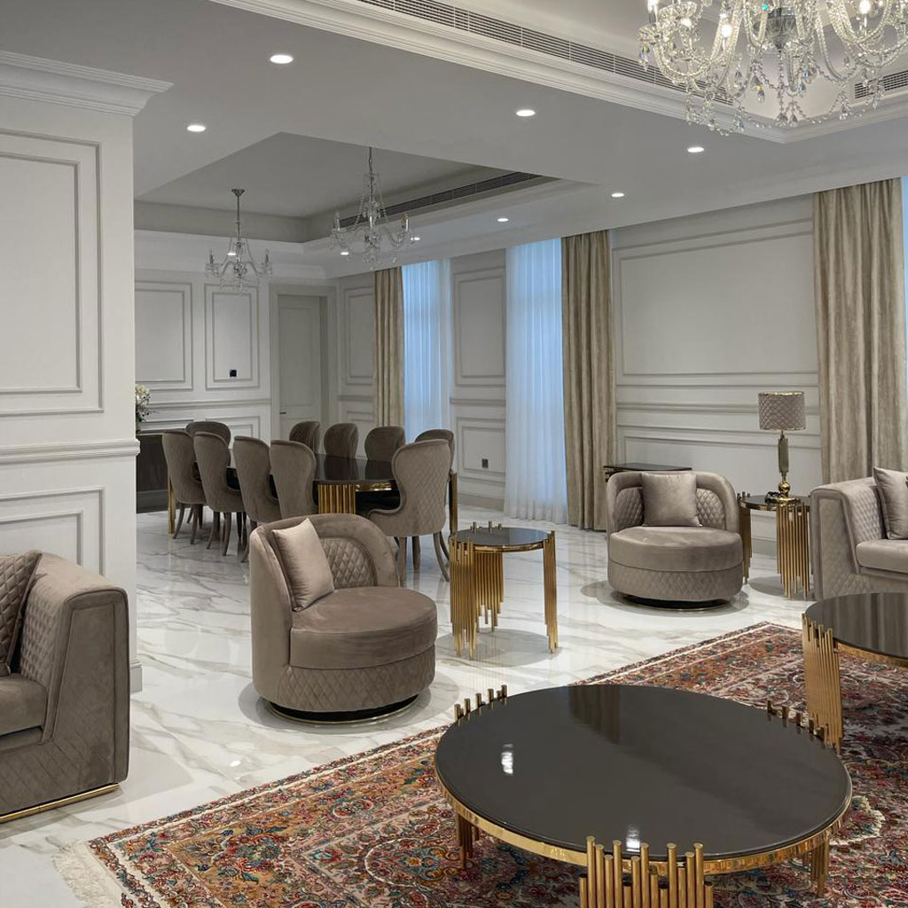 Soft lighting creates a cozy ambiance in the majlis, perfect for gatherings and conversations.