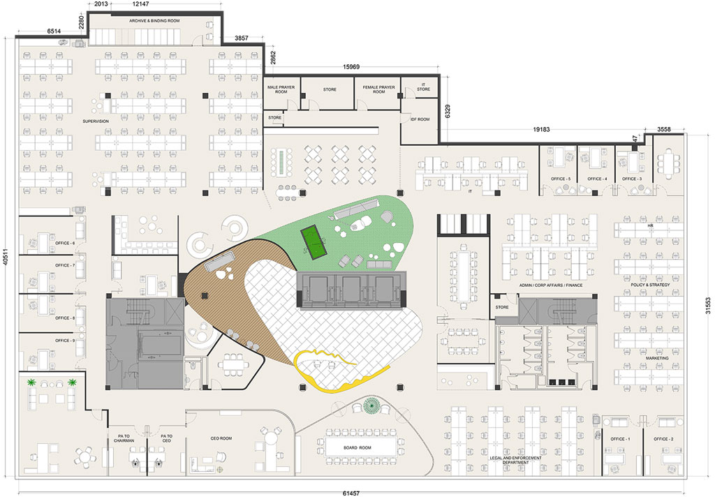 The corporate office layout plan includes open workspaces, private meeting rooms, and communal areas for collaboration.