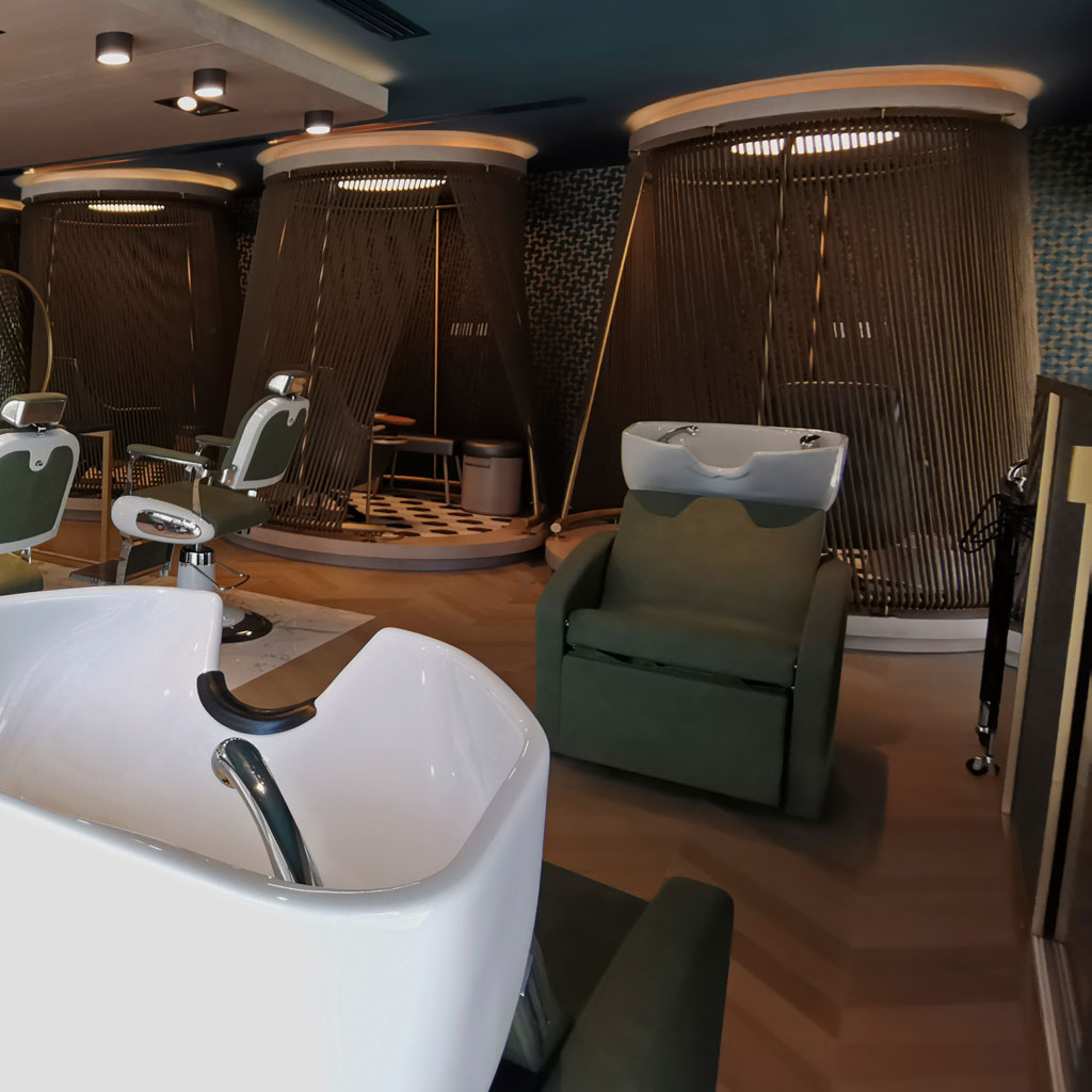 The salon's minimalist decor creates a clean and sophisticated environment.